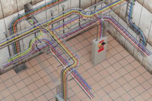 Vista aerea de render de sistema de bandejas portacables